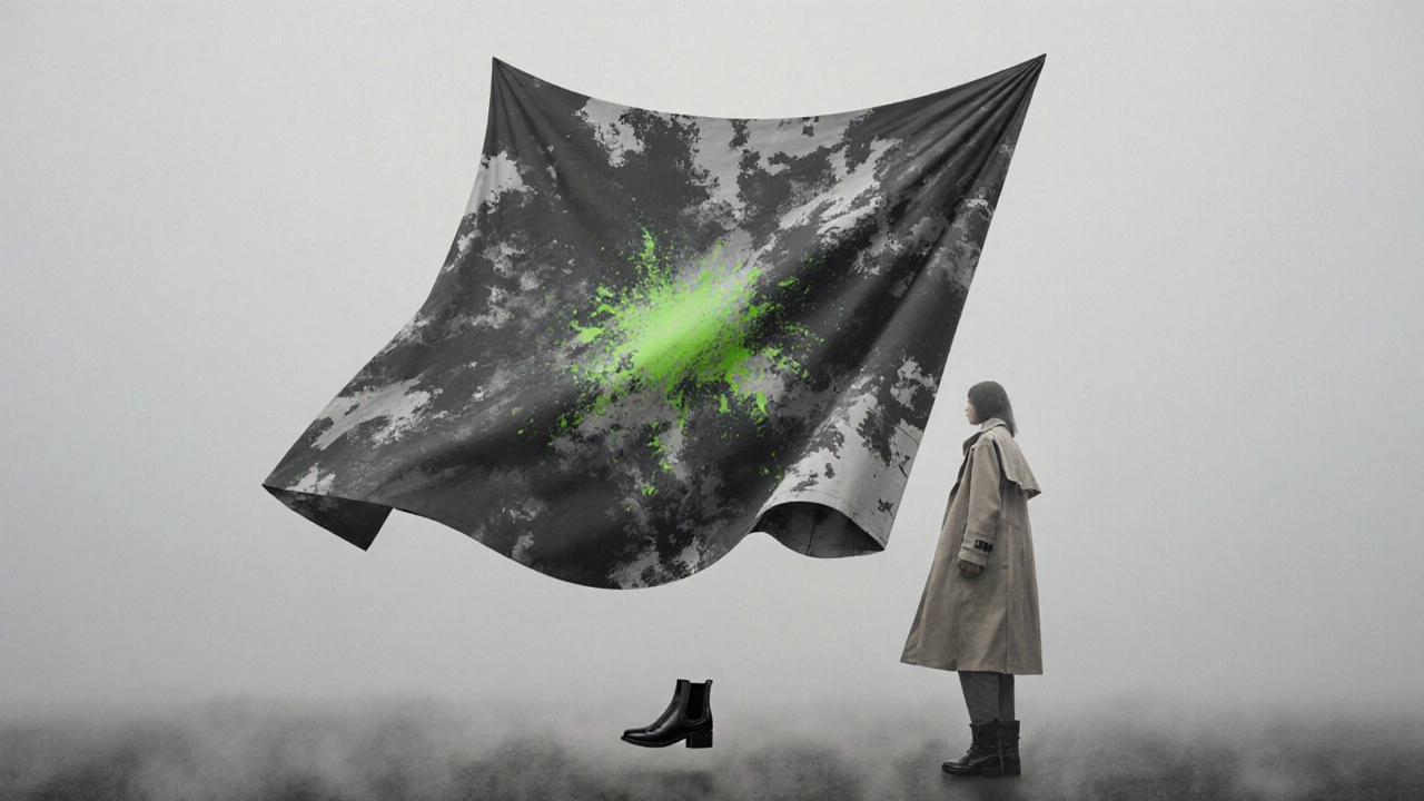 Абстрактный принт с брызгами краски на ткани, парящий в тумане.