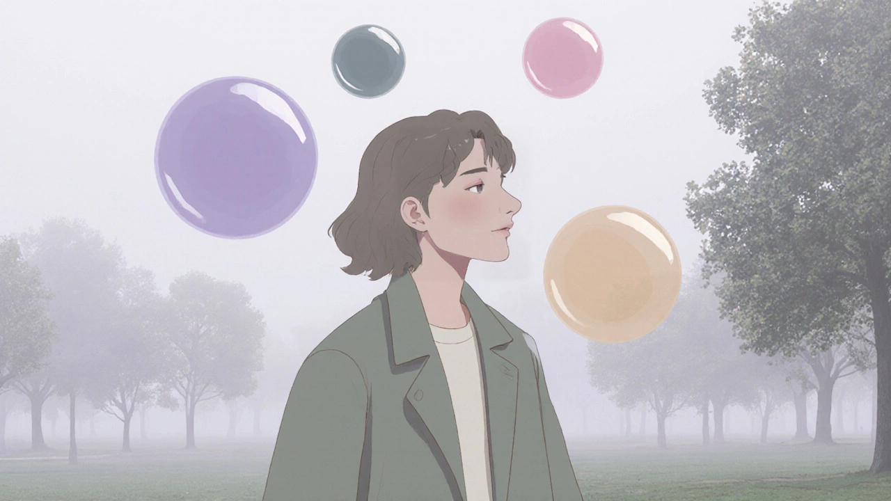 Человек в серо-зеленом пальто surrounded by мягкие цветовые сияния, символизирующие идеальные оттенки.