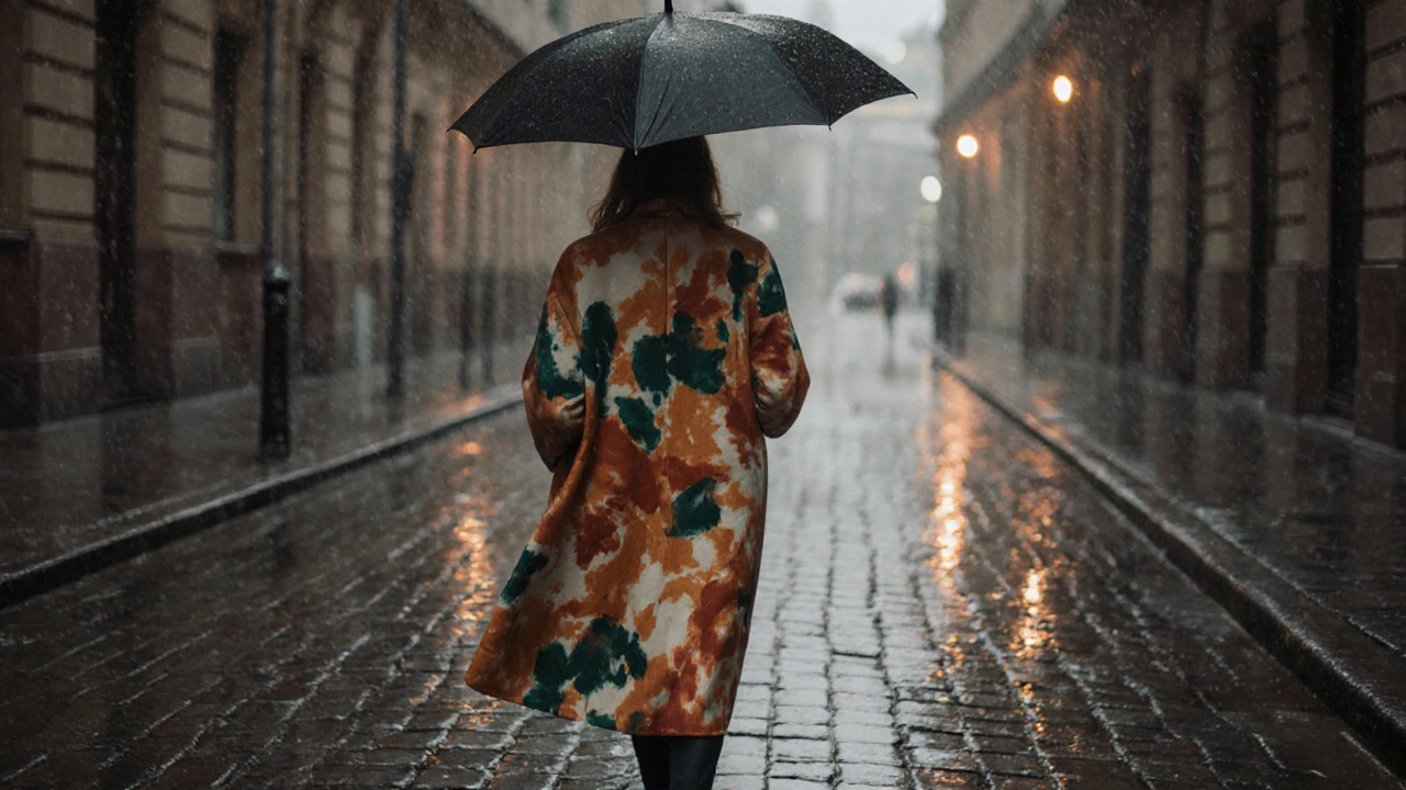 Длинное пальто с абстрактными биоморфными узорами в тёплых тонах в дождливом переулке.