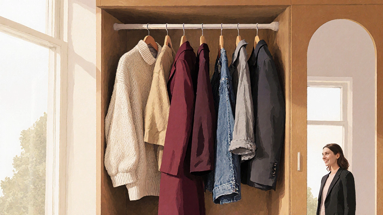 Открытый шкаф с предметами одежды, которые выражают личный стиль, подсвеченный теплым светом.