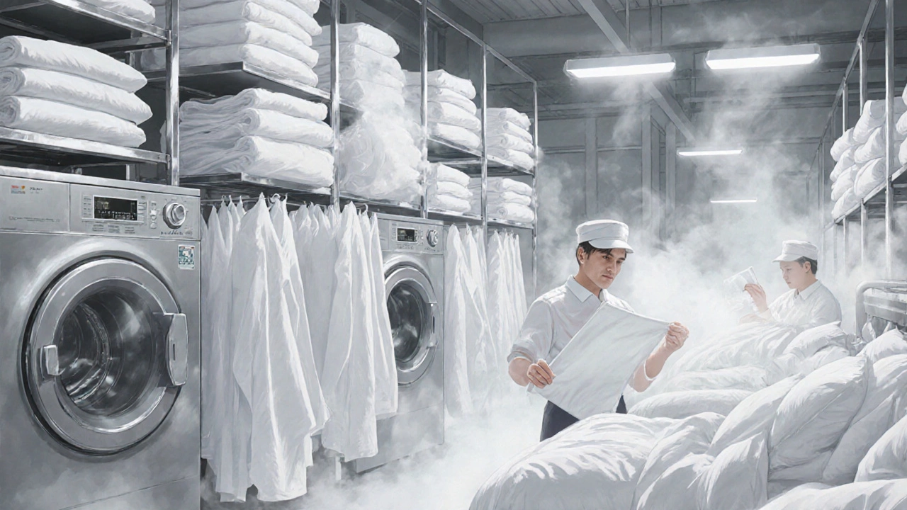 Промышленная прачечная отеля: стопки белого белья на стойках, персонал проверяет качество ткани.