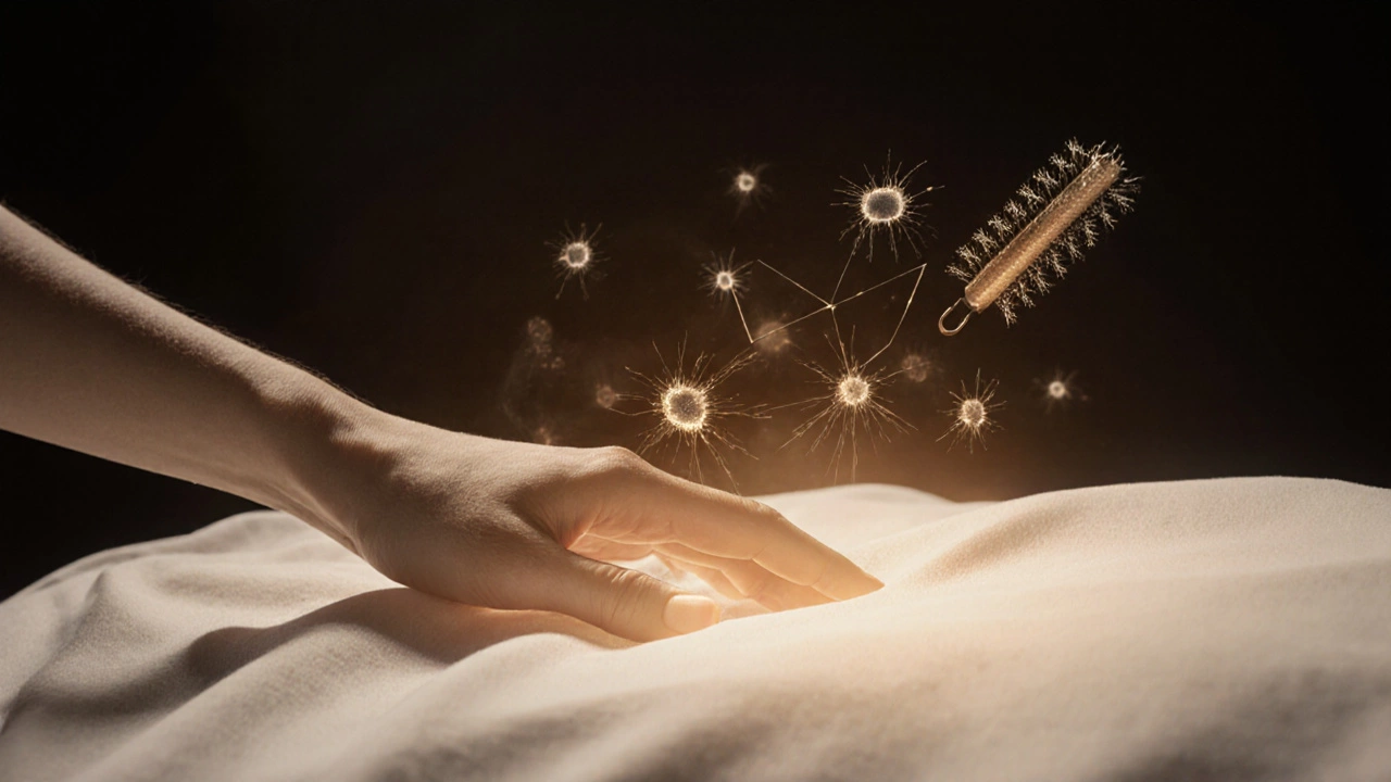 Рука касается белья, над тканью — визуализация мягких волокон и процесса био-полирования.