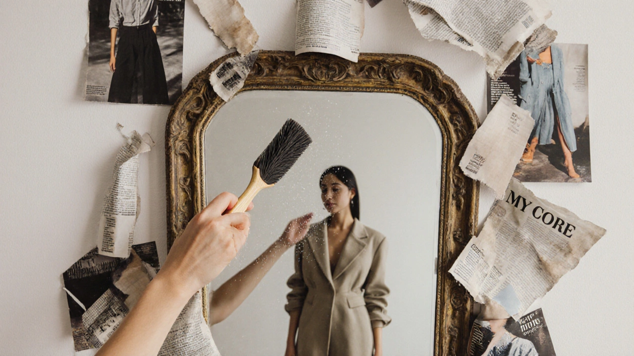 Рука сметает пыль с зеркала, открывая отражение в истинном стиле, в то время как тренды разрушаются.
