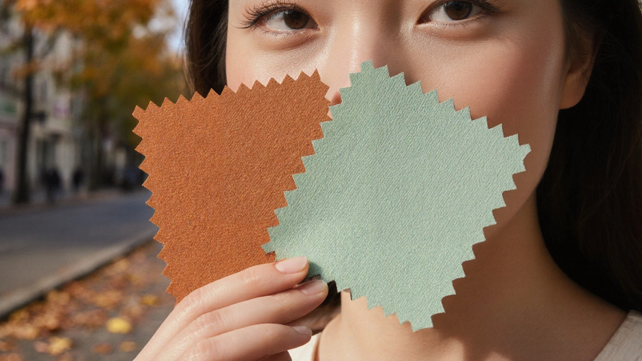 Ткани мятного и терракотового оттенков у щеки, подчеркивающие разницу в освежении кожи.