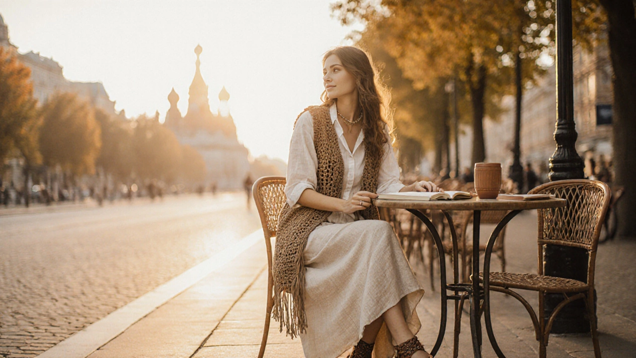 Бохо-образ на Невском проспекте с льняной юбкой и вязаным жилетом