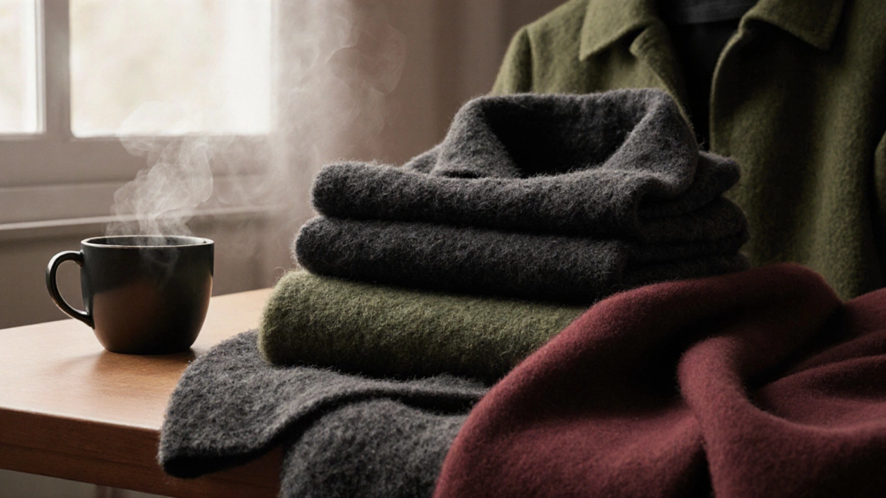 Детализированное изображение трех зимних тканей: меринос, фелт и вискоза с кашемиром на деревянном столе с чашкой чая.