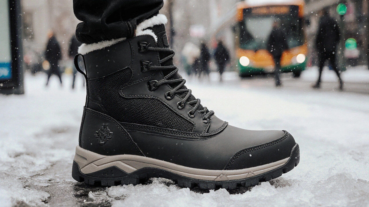 Детализированный вид внутренней части современного зимнего сапога с утеплением и резиновой подошвой.