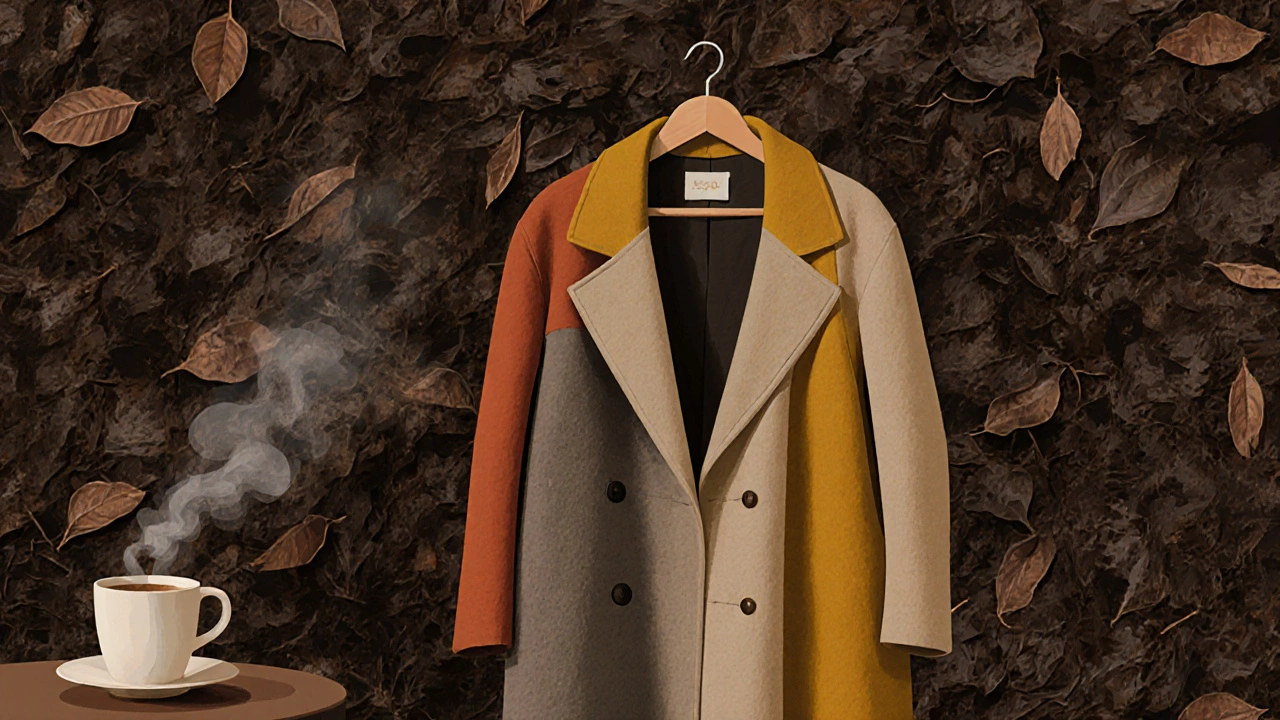 Минималистичное пальто без лацканов на вешалке с теплыми природными тонами вокруг.
