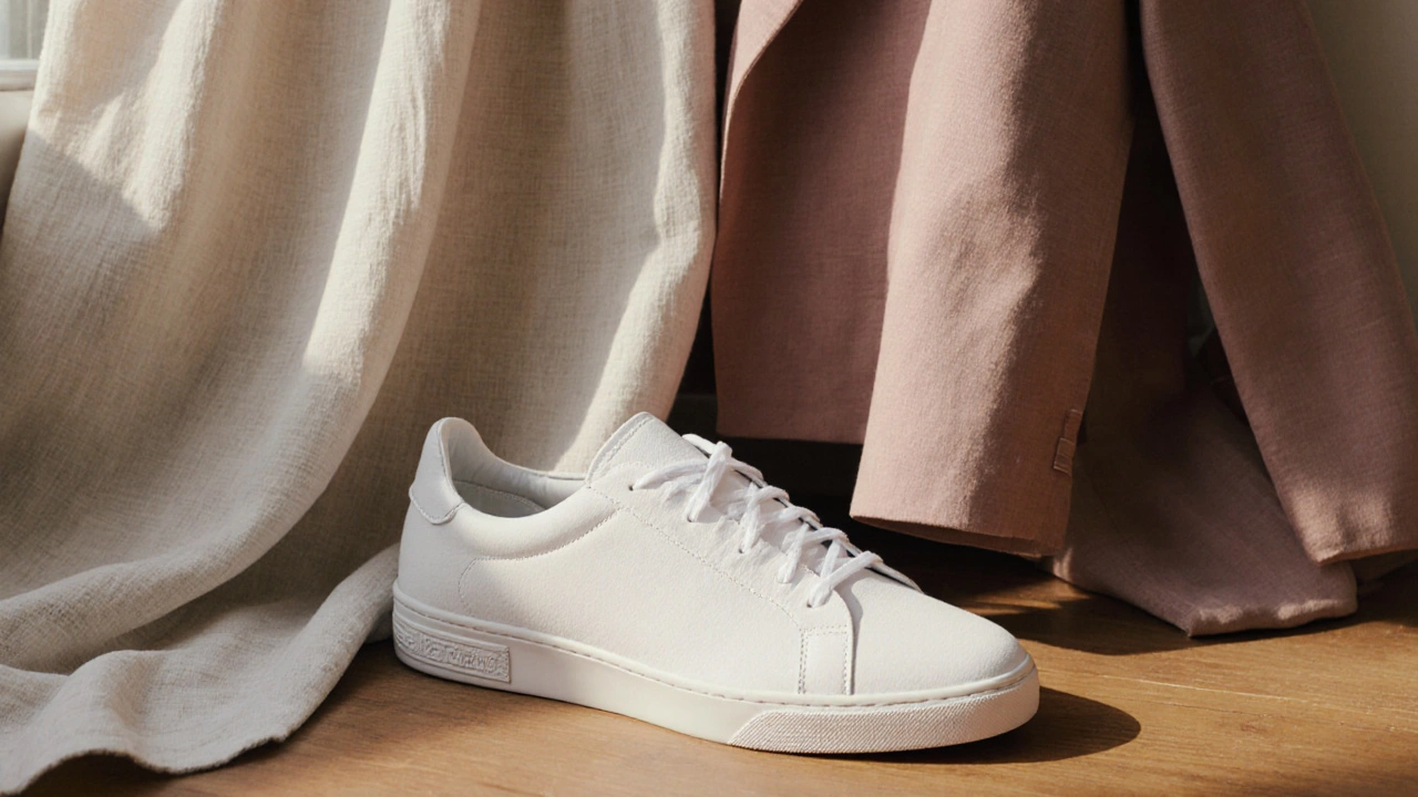 Минималистичные белые кеды без логотипов лежат рядом с льняным платьем и блейзером.