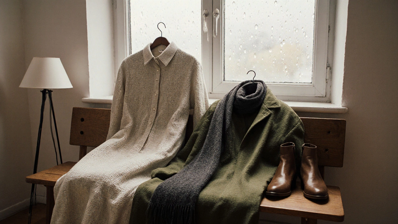 Минималистичный гардероб осени 2023: хлопковое платье, льняное пальто, шерстяной шарф и ботинки на деревянной скамье.