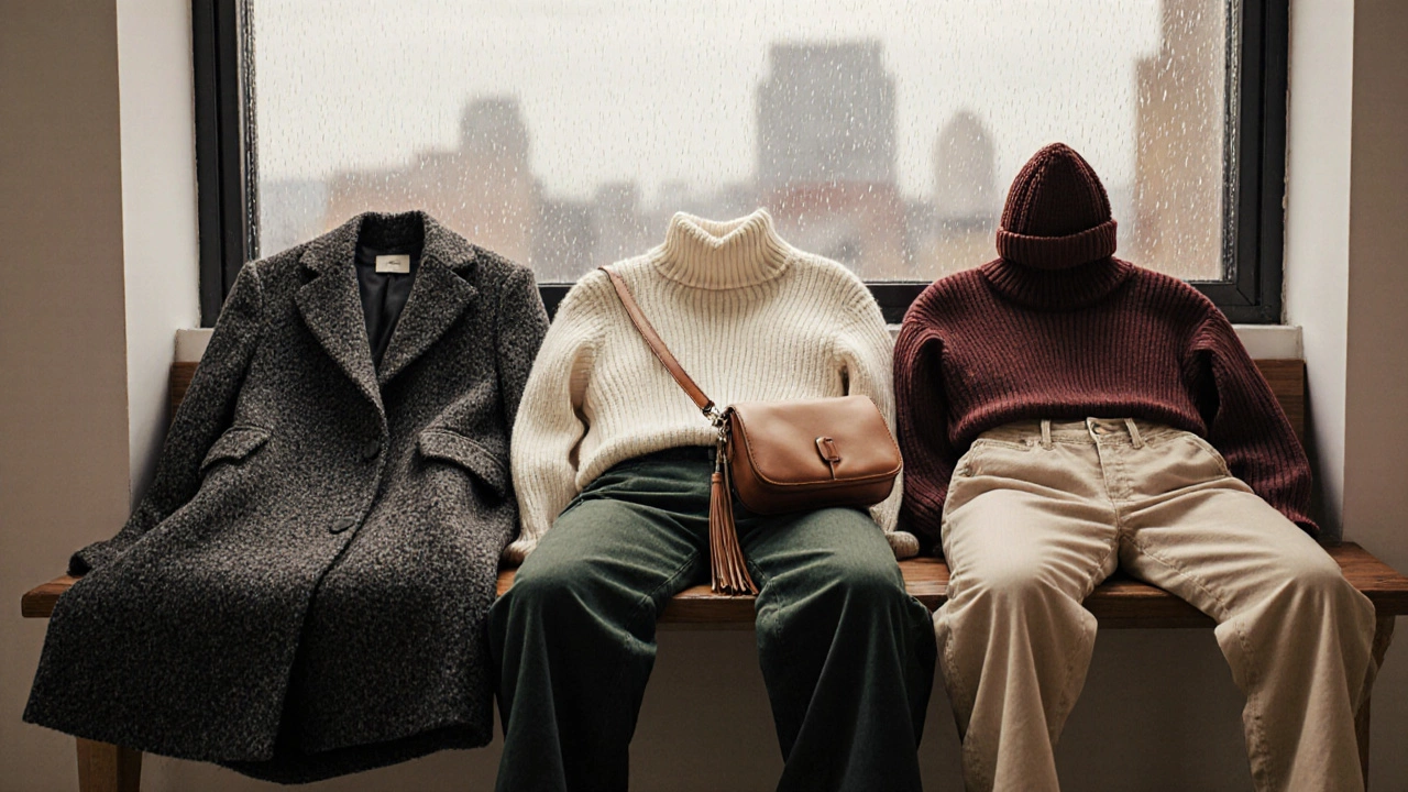 Осенний гардероб 2025: пальто, свитера, джинсы, шапка и сумка на деревянной скамье у окна.