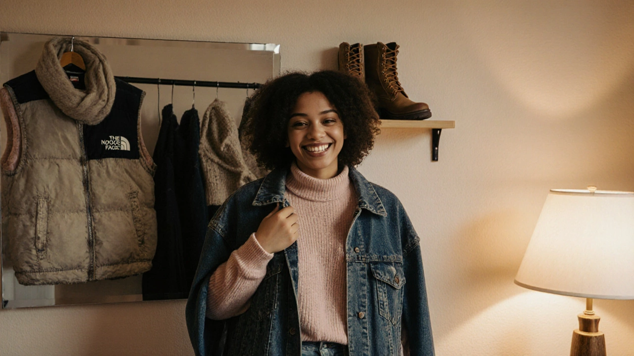 Подросток у зеркала в комнате с вещами из вторичного рынка — без логотипов, с акцентом на текстуры и натуральные ткани.