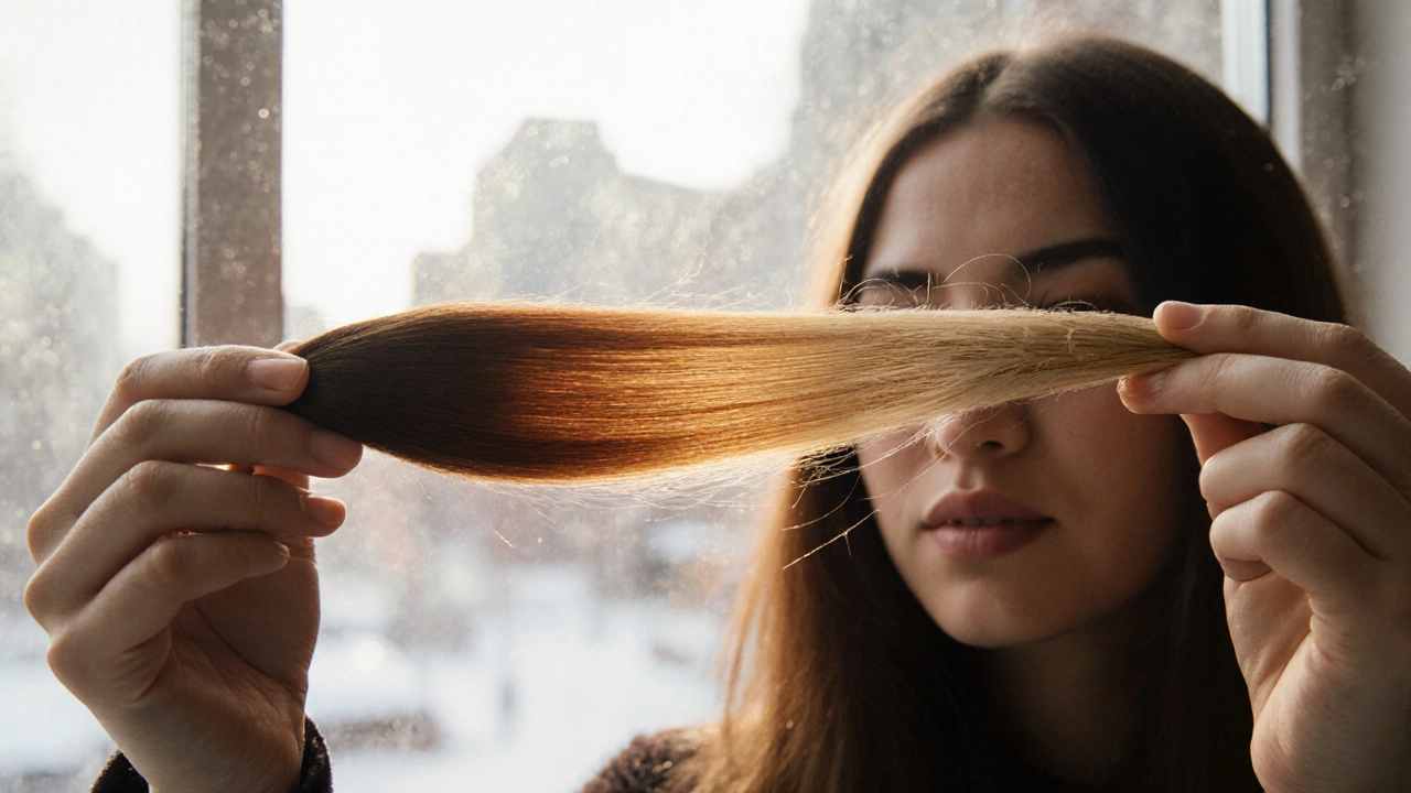 Прядь волос переходит от каштанового к медовому, теплое сияние ложится на лицо.