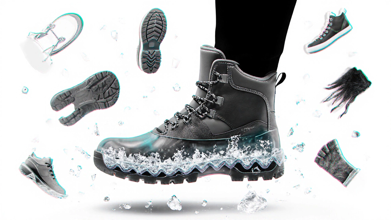 Прозрачная модель ботинка с внутренними слоями технологии и разрушающимися неэффективными вариантами обуви.