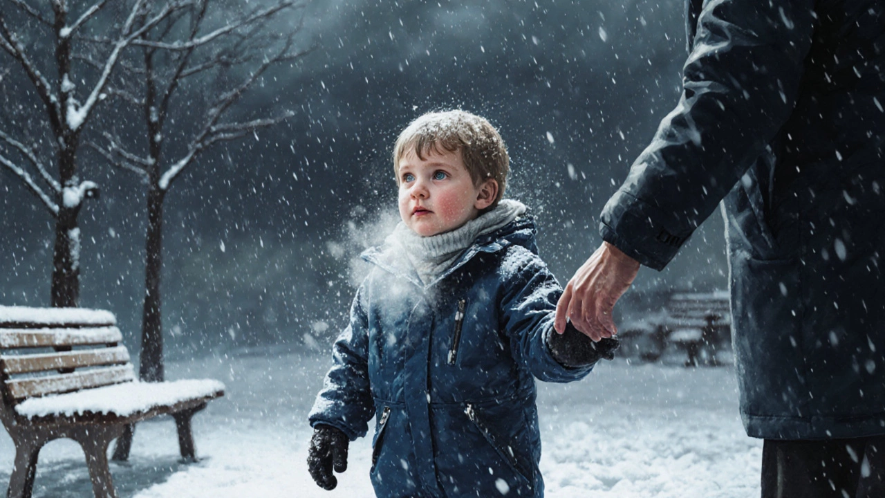 Ребёнок в слоях одежды идёт домой в метель при -15°C, родитель подходит, чтобы помочь.