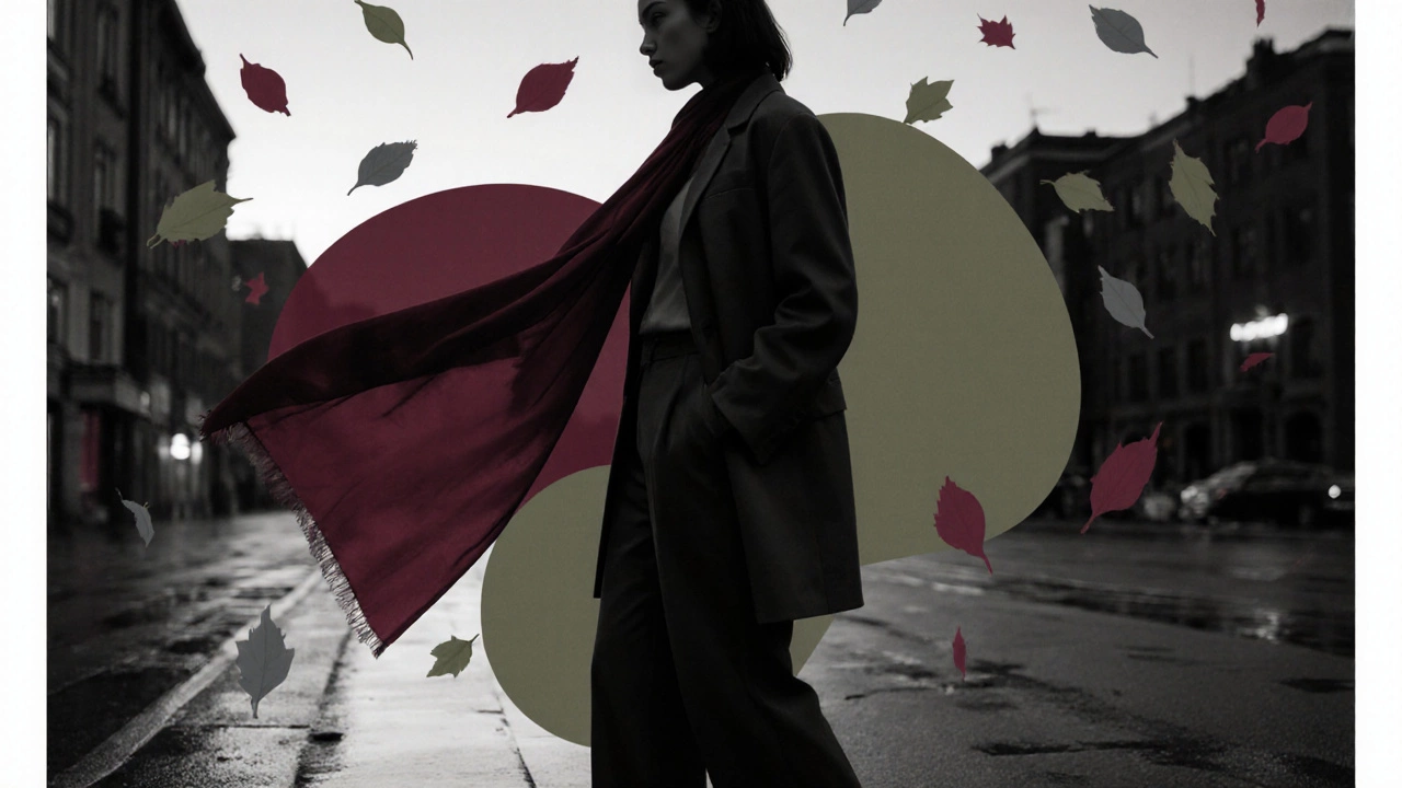 Силуэт женщины с длинным шарфом на фоне городского пейзажа, цвета осени сливаются с мокрым асфальтом.
