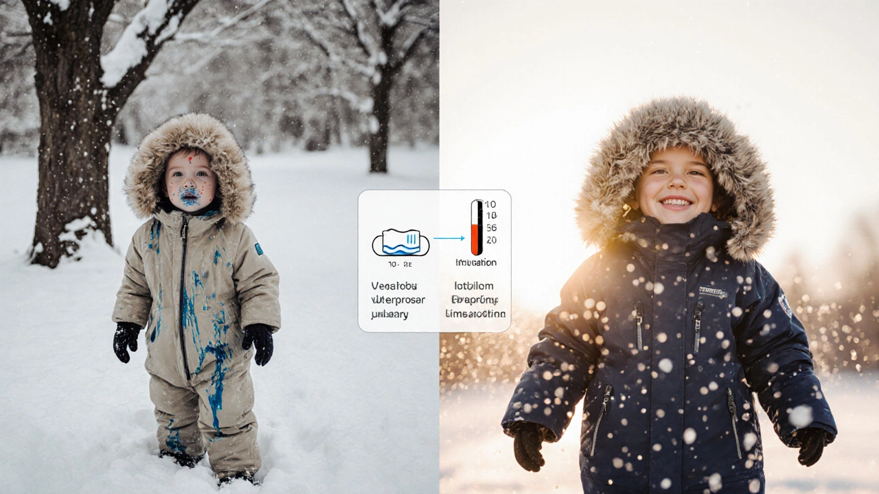 Сравнение: ребёнок мерзнет в лёгком комбинезоне слева и в тёплом зимнем — справа.