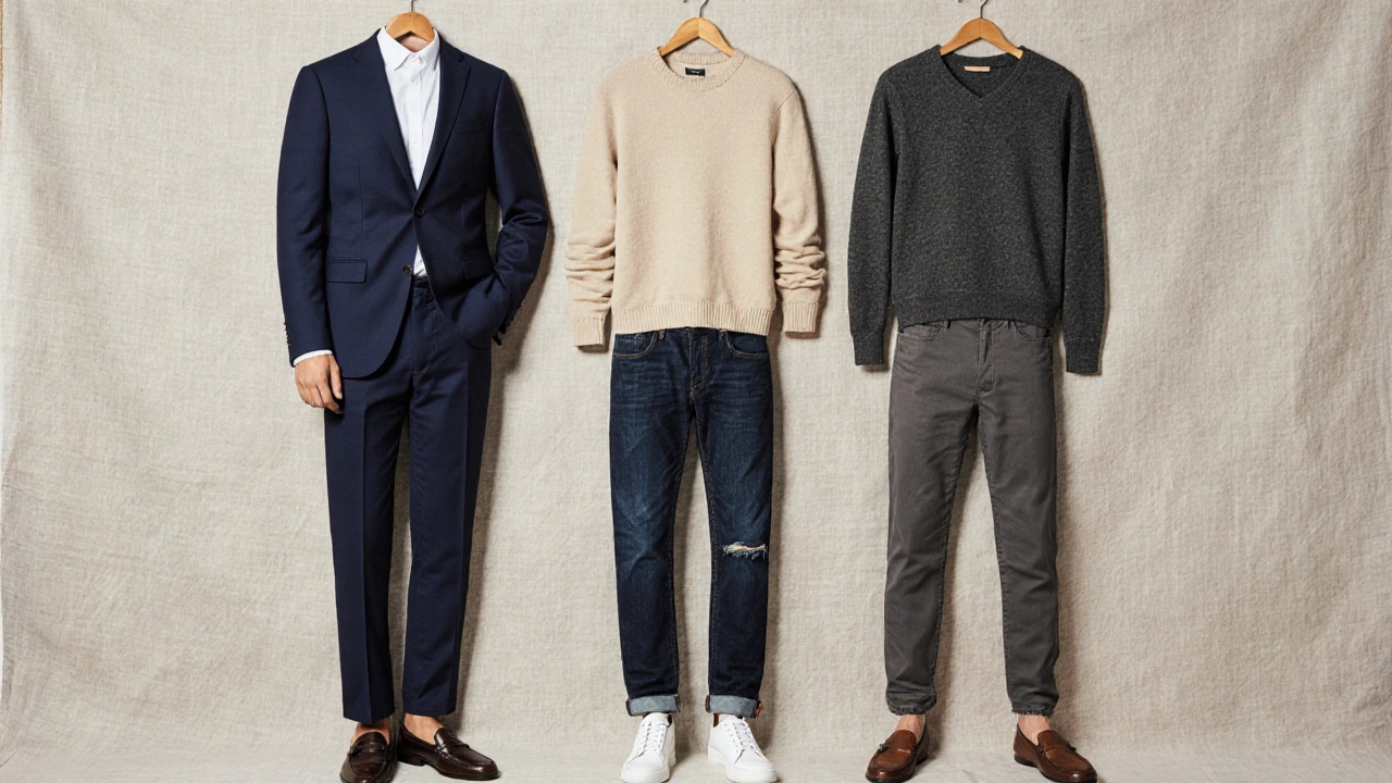 Три комплекта одежды на вешалке: пиджак, свитер с брюками и мокасинами — в сдержанных тонах без логотипов.