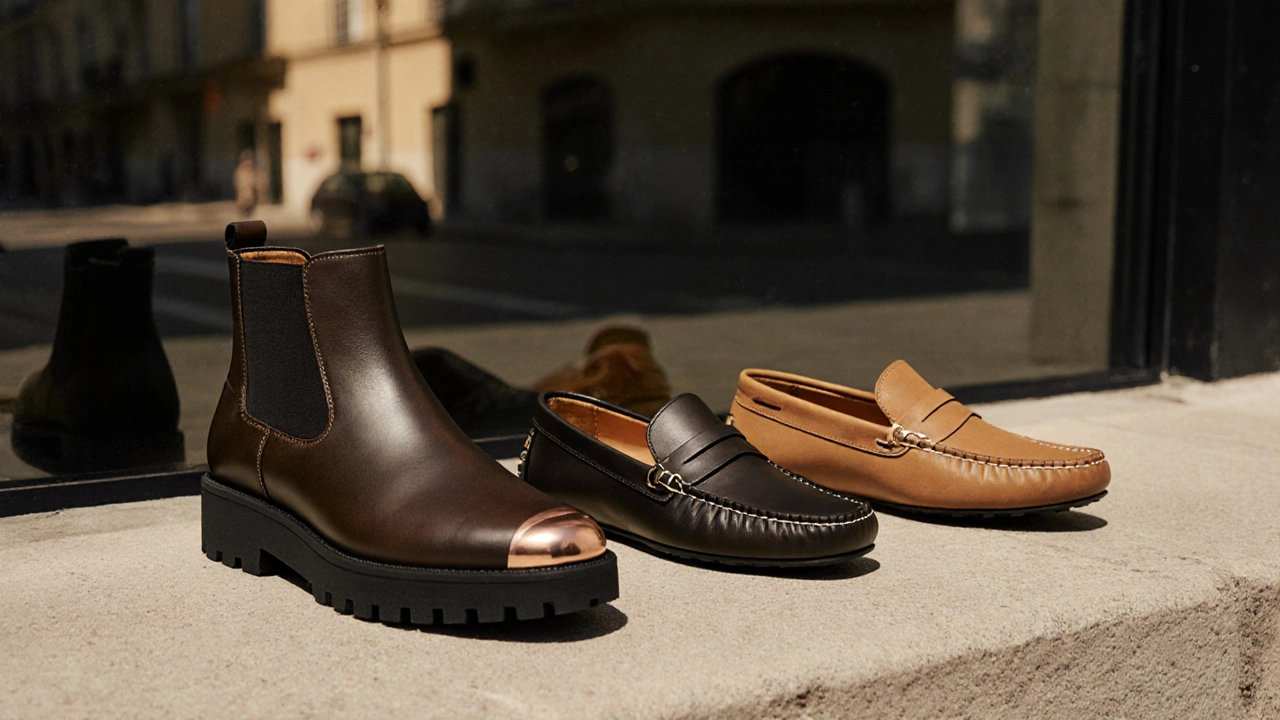 Три пары обуви весны 2024: ботинки на платформе, лоферы с металлической деталью и мокасины на нейтральном фоне.