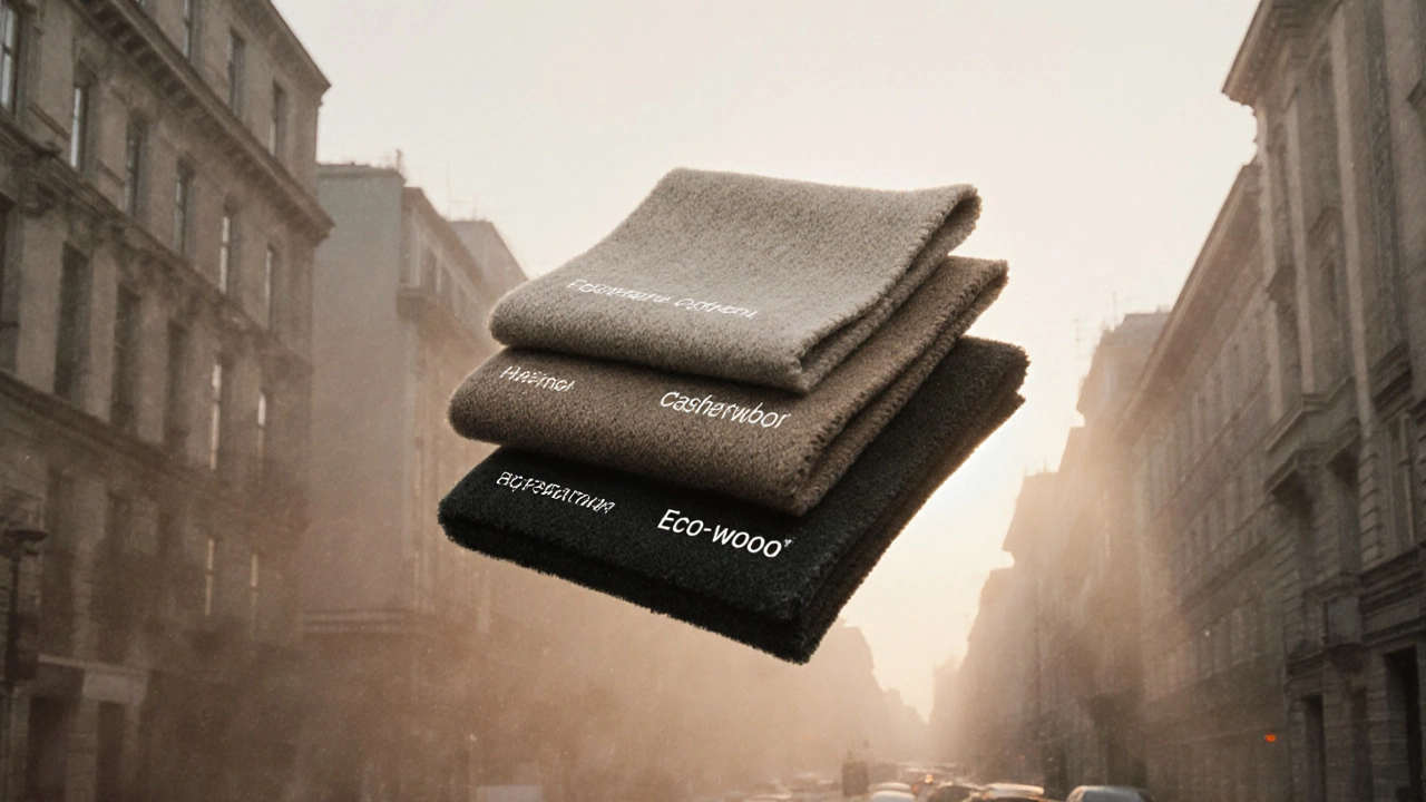 Три ткани для весеннего пальто 2024: шерсть, кашемир и экоШерсть — парят над городом.