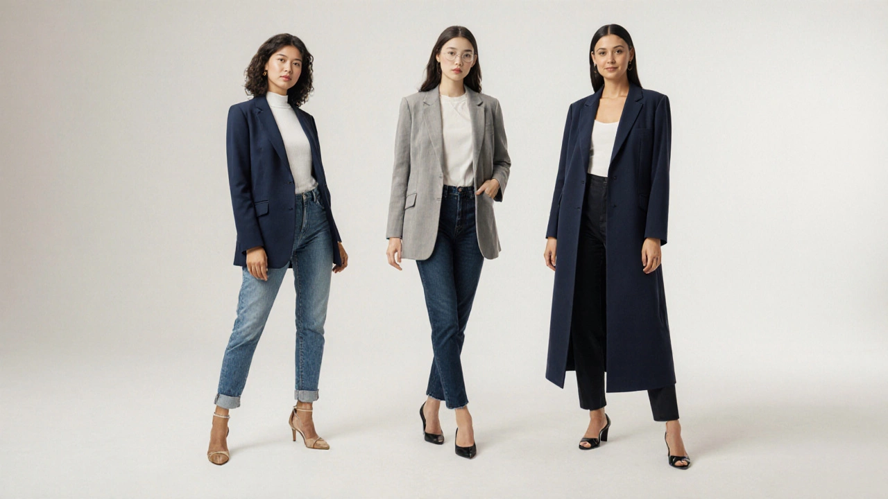 Три женщины разного роста в пиджаках разной длины, акцент на пропорциях тела.