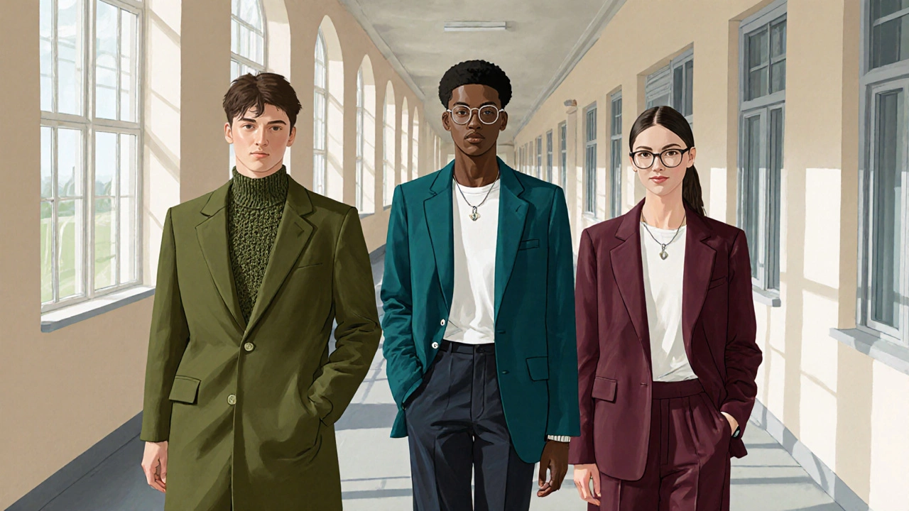 Трое подростков в школе в модных 2024 годах вещах: оливковое пальто, бирюзовый пиджак и бордовые сапоги-челси.