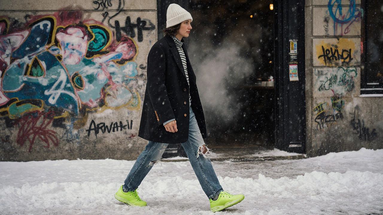Уличный стиль в снежном Петербурге: джинсы, пиджак и неоновые кроссовки
