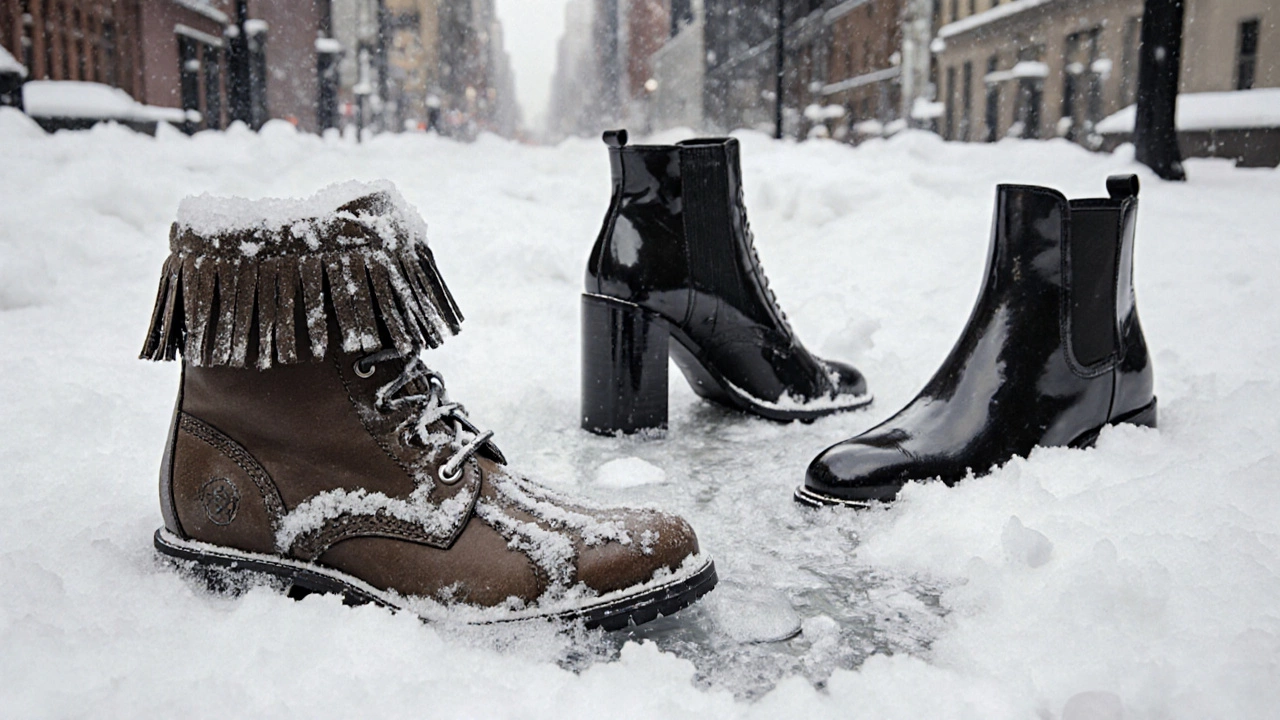 Устаревшие сапоги с бахромой, толстым каблуком и глянцевой кожей заброшены в снегу.