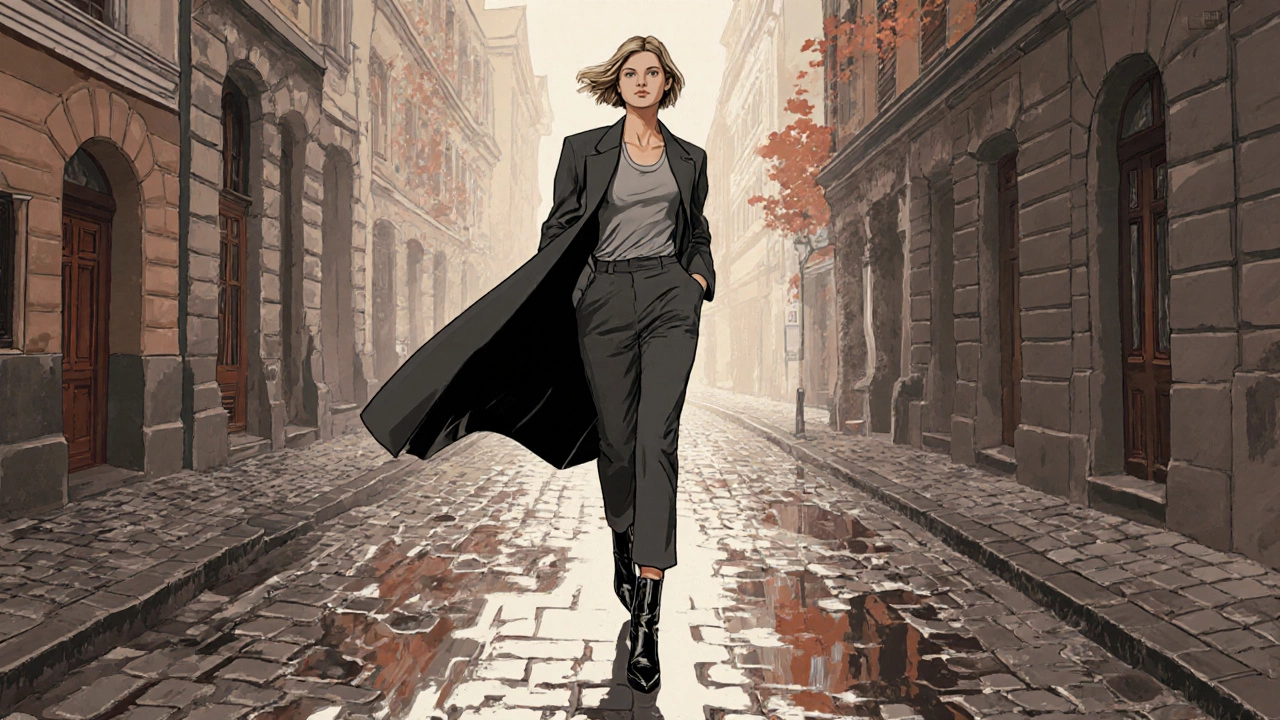 Высокая женщина в удлиненном пиджаке идет по мокрой улице Санкт-Петербурга осенью.