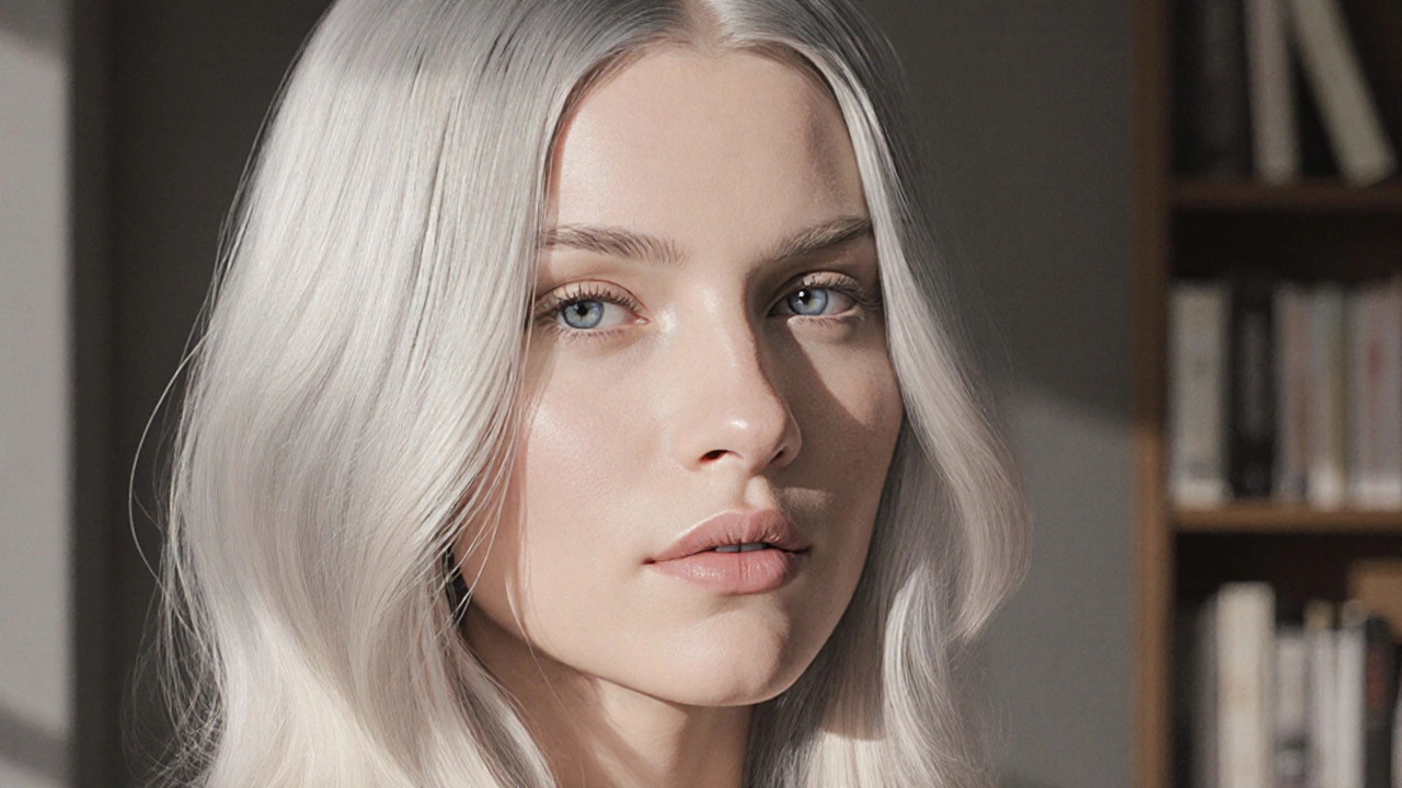 Женщина с частично седыми волосами в технике балаяж, светлые пряди освещают лицо.