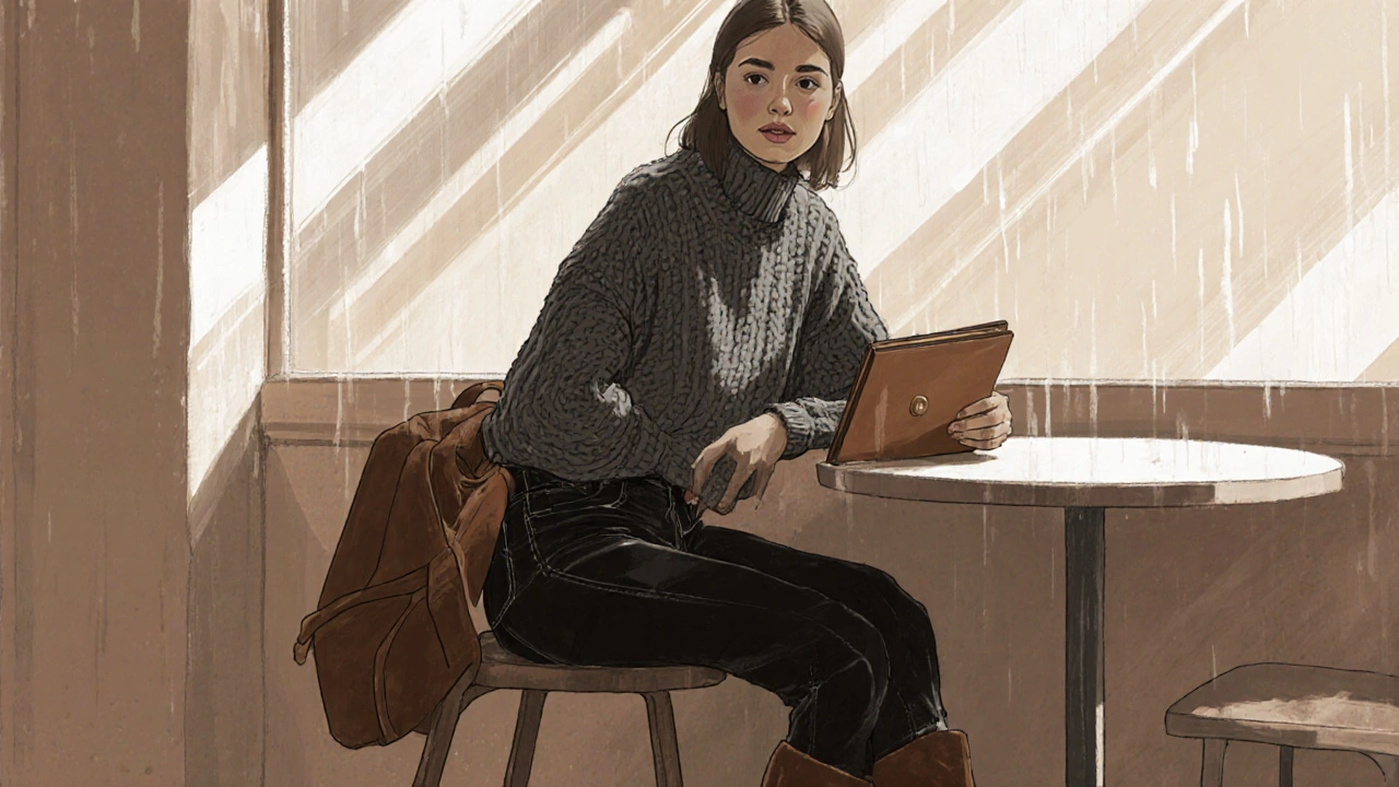 Женщина в свитере и темных джинсах с кожаным портфелем в уютной кофейне с дождем на окне.