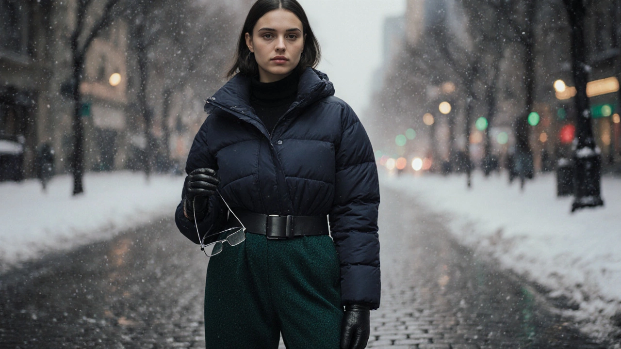 Женщина в темно-синем пуховике из технического нейлона, с кожаными перчатками и антизапотевающими очками, на фоне городской зимы.