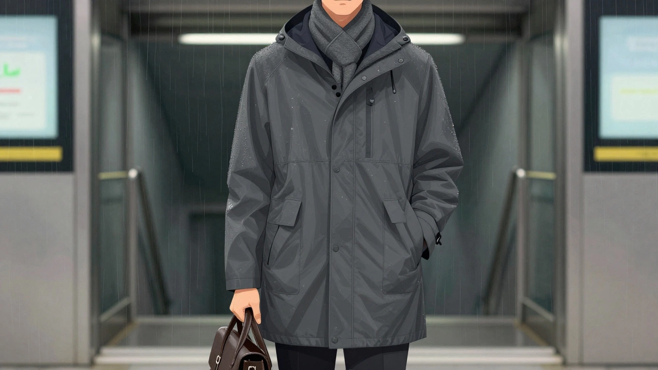Человек в куртке-пиджаке из тёмно-серой ткани стоит у входа в метро.