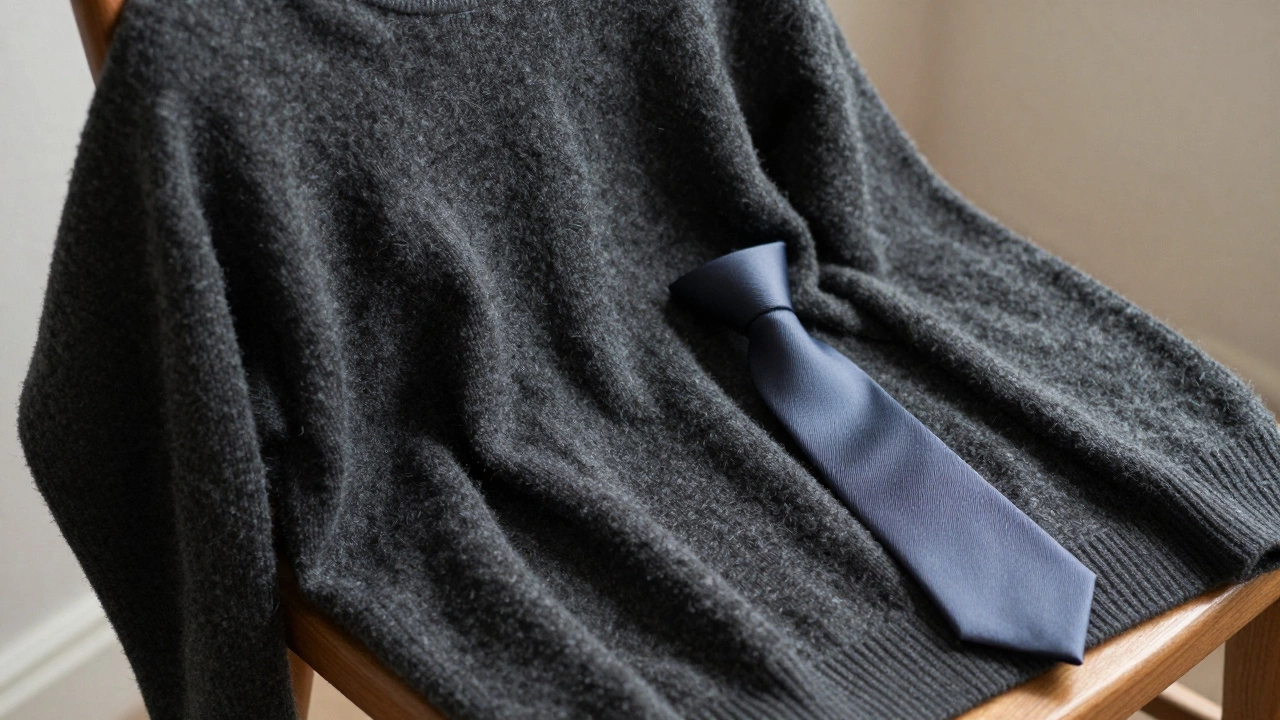 Деталь серого кашемирового свитера на деревянном стуле, видна текстура ткани, без принтов.