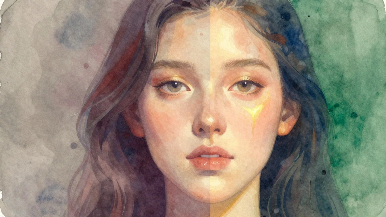 Двусторонняя иллюстрация: тусклые серые цвета поглощают свет, а теплые оттенки отражают его, влияя на внешность лица.