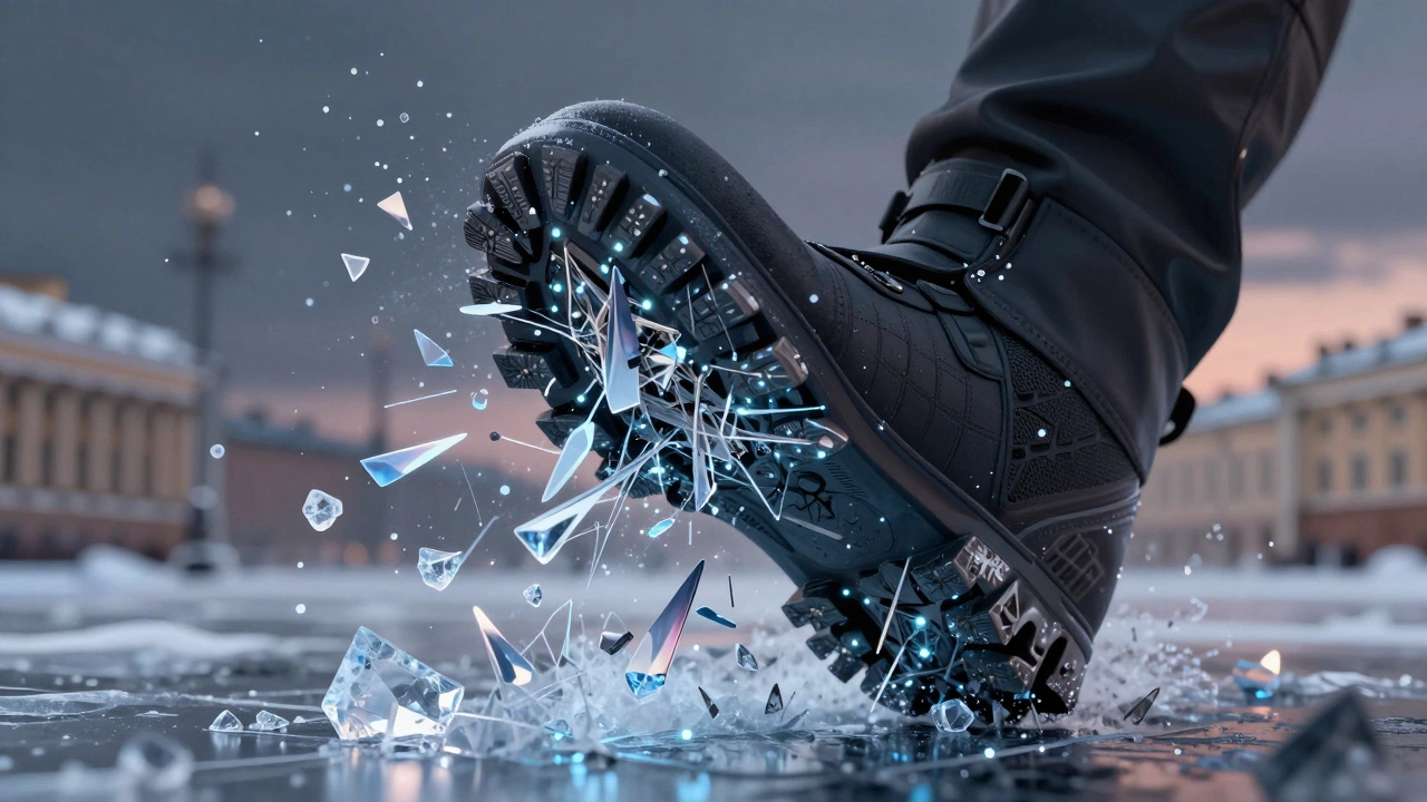 Концептуальное изображение нано-керамических частиц в подошве, разрезающих лед микроскопическими лезвиями.