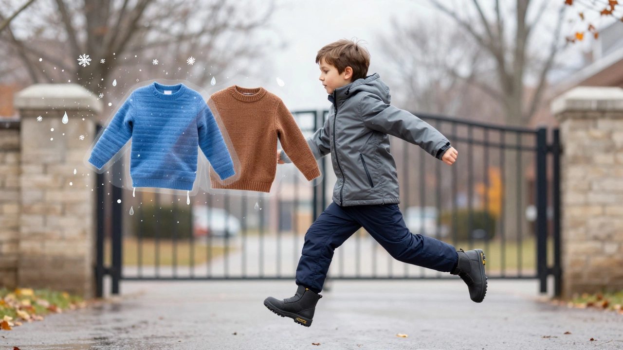 Концептуальное изображение слоёв детской одежды, защищающих от холода и дождя, в виде прозрачных слоёв вокруг ребёнка.