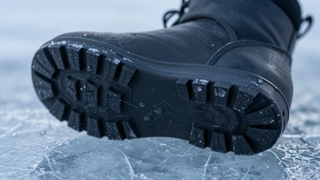 Макросъемка подошвы зимней обуви из TPU с силиконом, вдавливающейся в микротрещины льда.