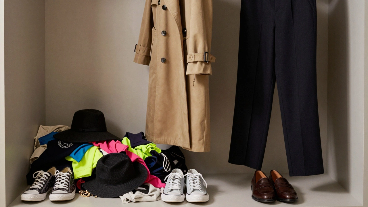 Минималистичный шкаф с тремя вечными вещами, рядом — завал из выброшенной моды.