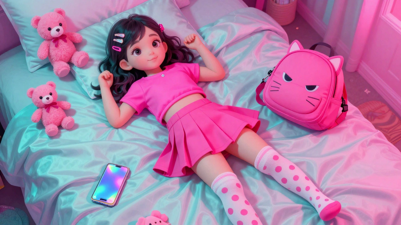 Молодая женщина в яркой розовой одежде с блестками и котиком на рюкзаке в неоновой комнате.