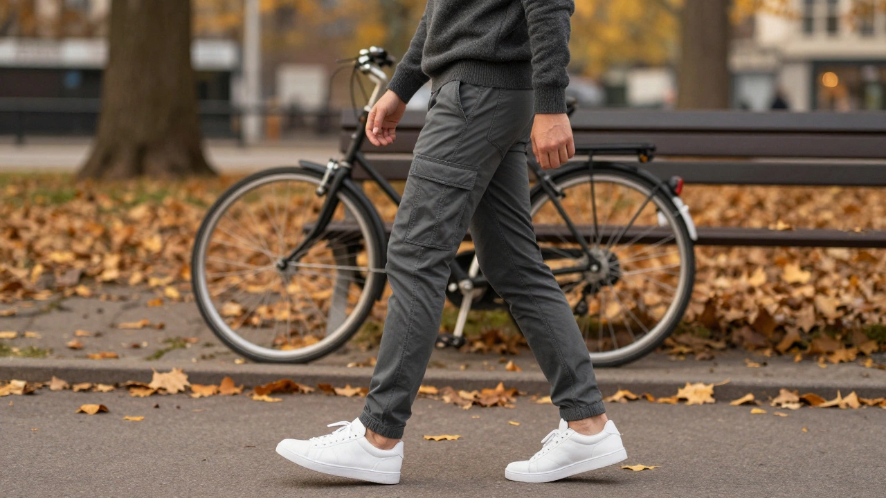 Мужчина в серых брюках-карго гуляет по парку с кроссовками и велосипедом на заднем плане