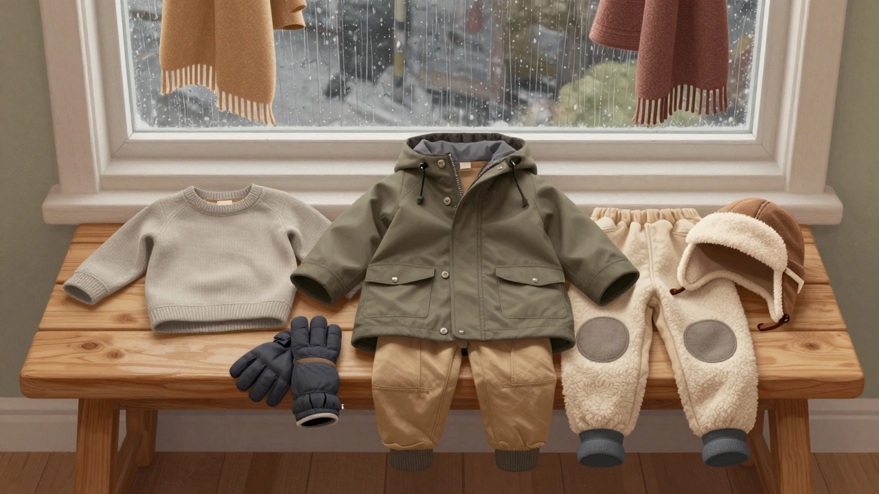 На деревянной скамье аккуратно разложена детская осенняя одежда: термобелье, свитер, пальто, штаны, перчатки и шапка.