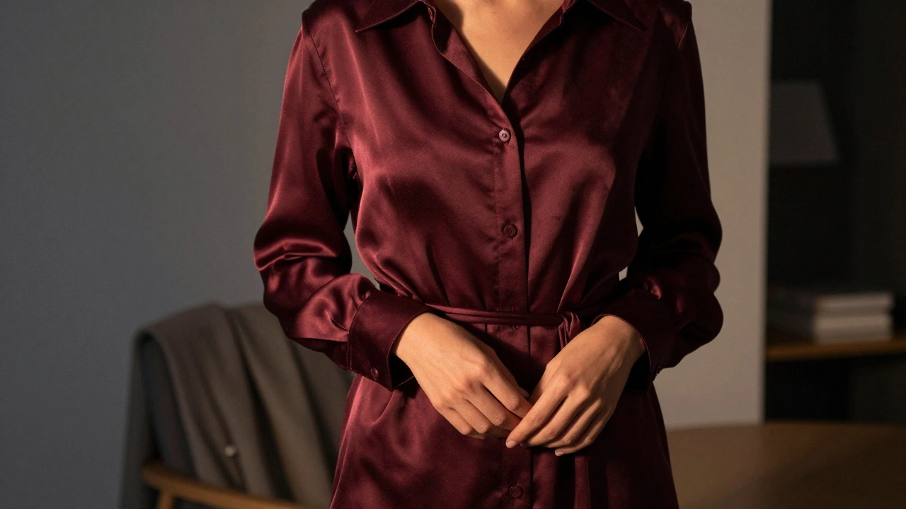 Платье-рубашка из бархатистой ткани темно-бордового цвета с широкими лацканами.