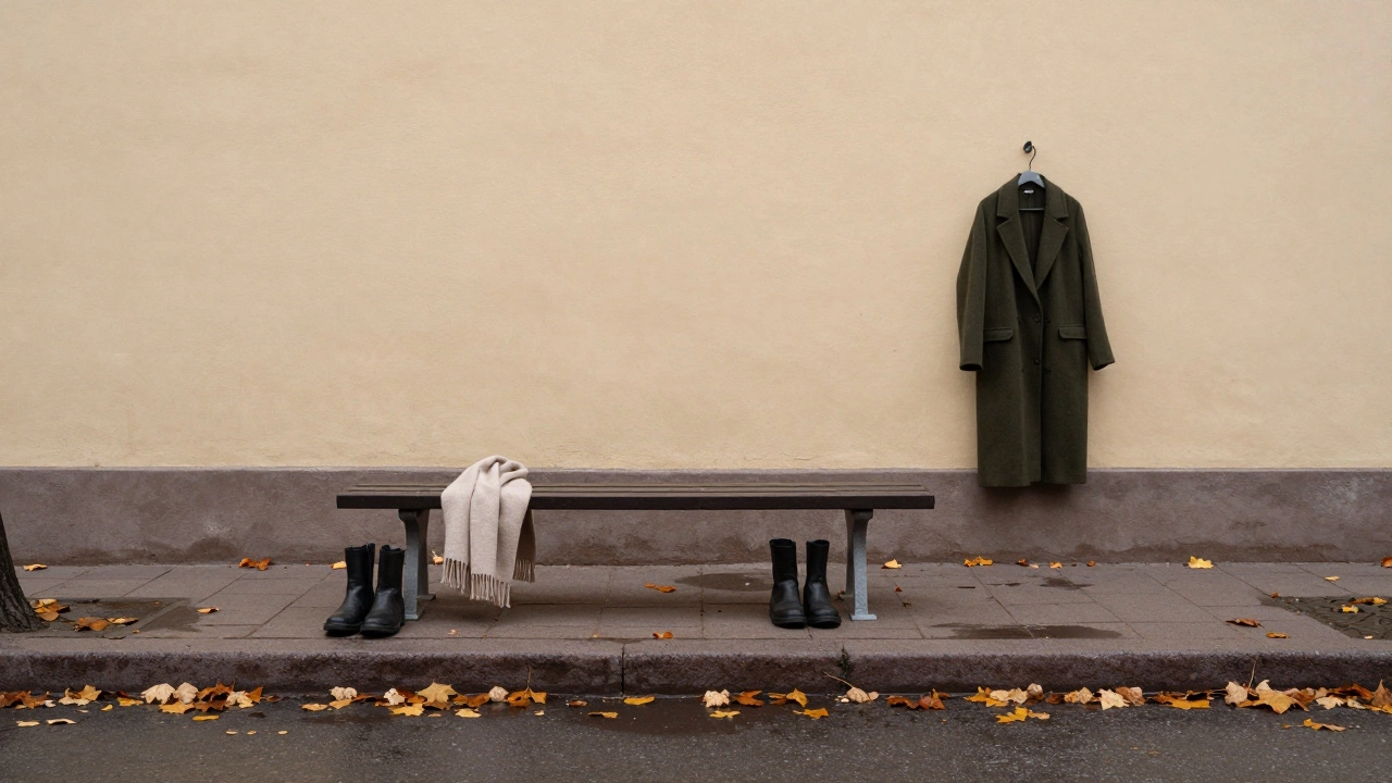 Пустая улица с ботинками, шарфом и пальто на крючке — минимализм осеннего стиля 2024.