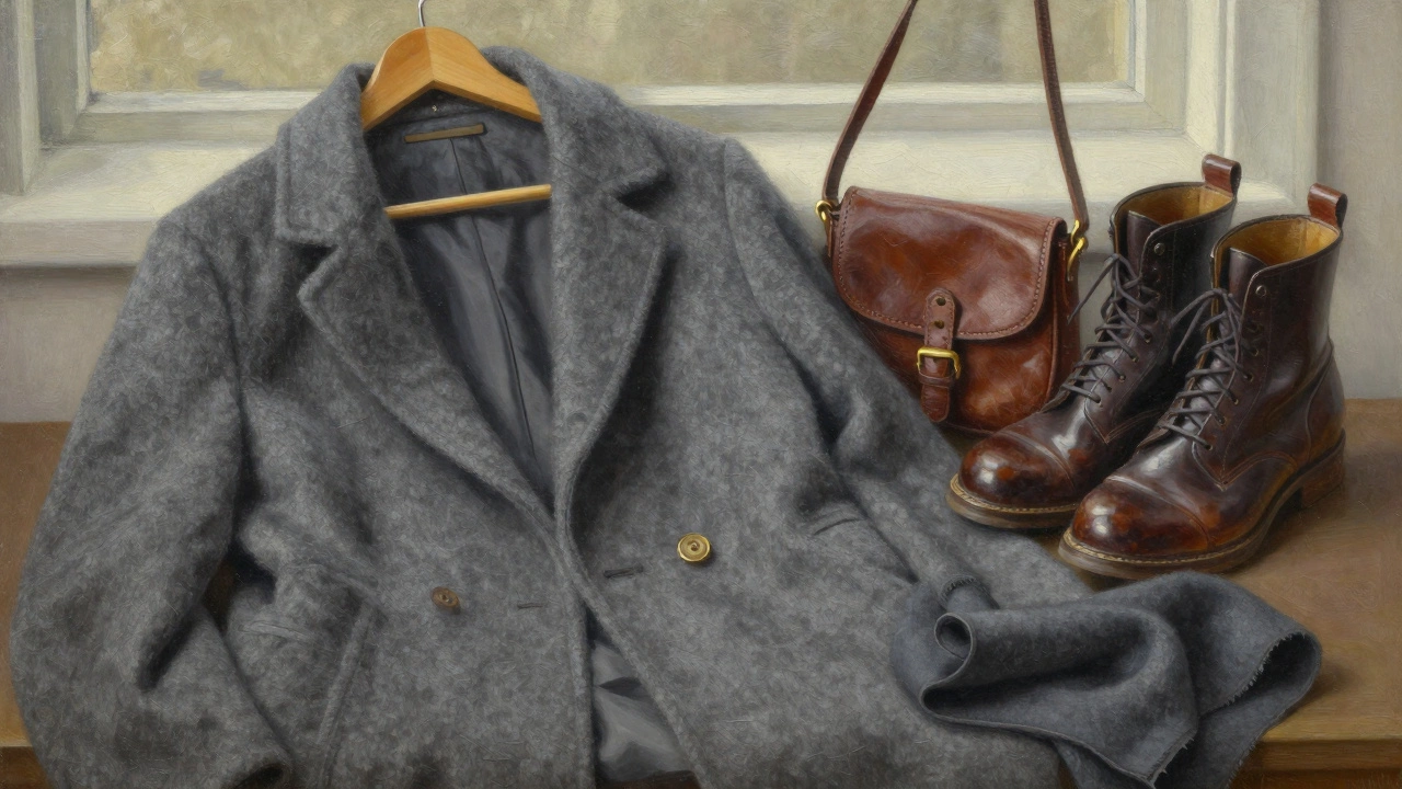 Текстура качественного шерстяного пальто с пуговицей, ботинками и шарфом на деревянной вешалке.