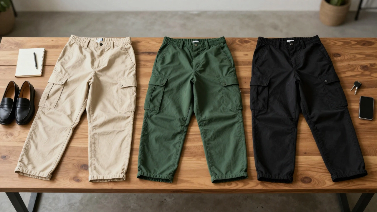 Три пары современных брюк-карго с аксессуарами на деревянной поверхности