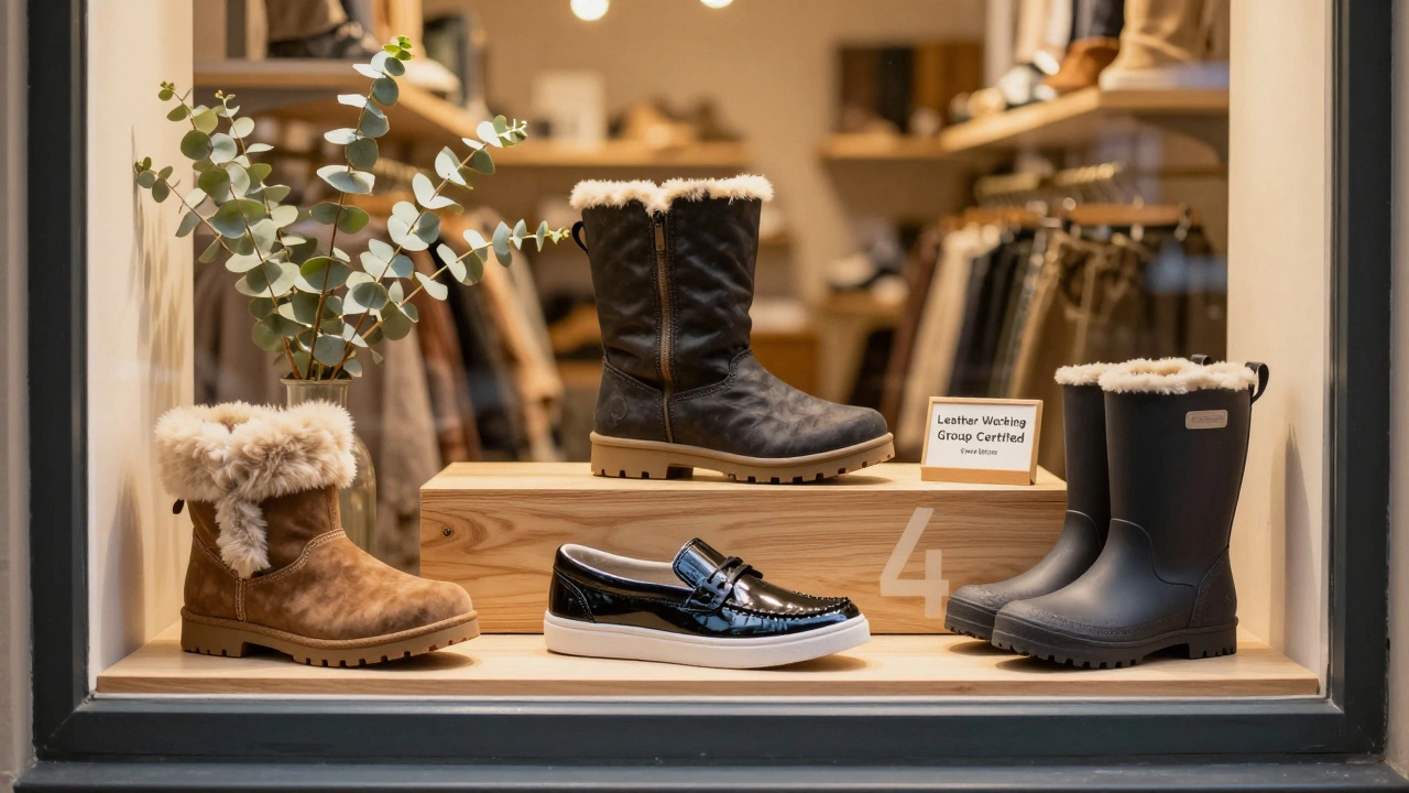 Витрина обуви с зимними ботинками, лоферами и экологичными моделями из переработанных материалов.