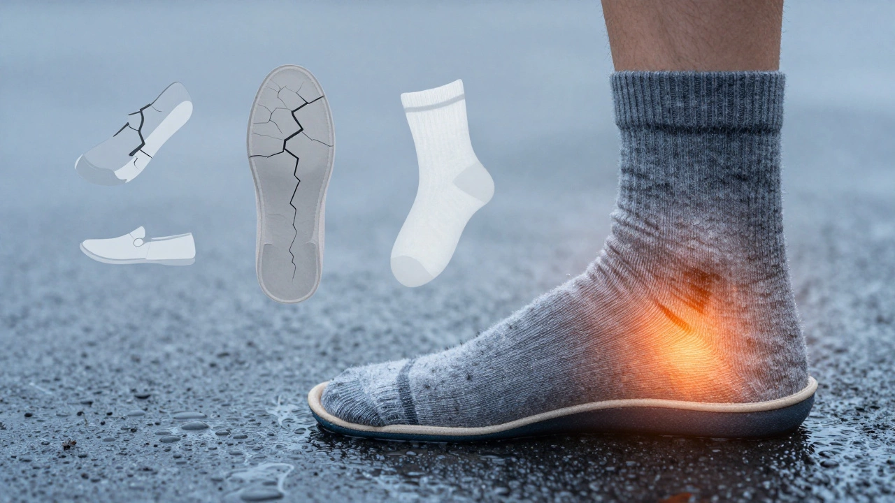 Внутренность обуви: термостелька и шерстяной носок на холодном асфальте, рядом — разрушающиеся варианты обуви.