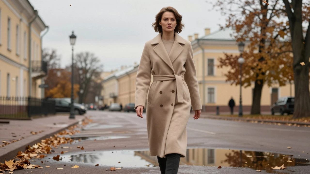 Женщина в бежевом пальто гуляет во дворе, листья вокруг, пальто идеально сидит, без логотипов.