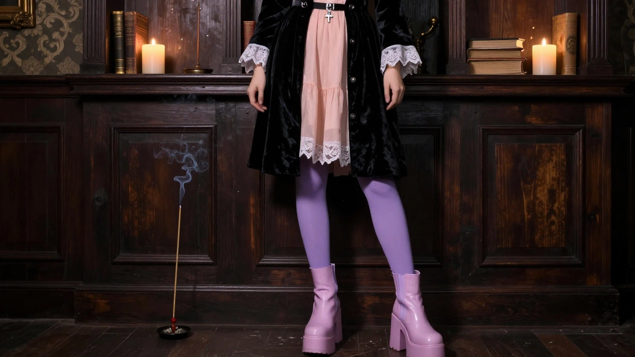 Женщина в черном бархатном пальто и лавандовых чулках в уютной комнате со свечами.